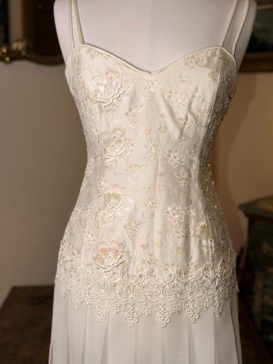 Vintage Jessica McClintock, exquisite Cream Lace & Chiffon-Strap Dress - Picture 2 of 16